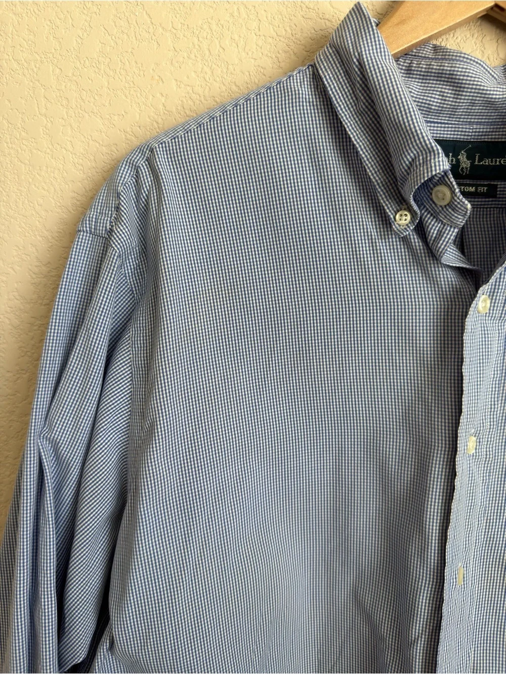 Ralph Lauren Custom Fit Blue Gingham Check Long Sleeve Button Down Shirt Men XXL - Picture 9 of 10